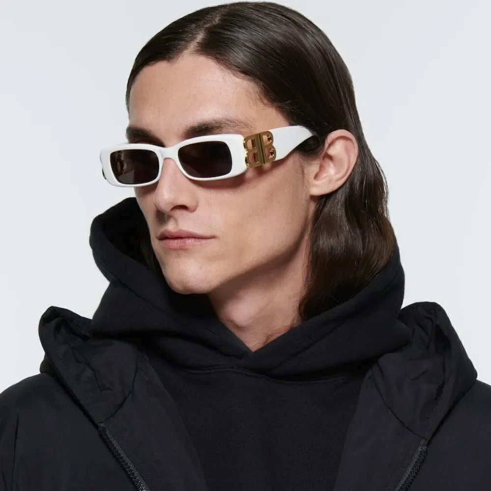 SALE! NEW Balenciaga BB0096S 011 White Gold Grey Rectangle Unisex Sunglasses